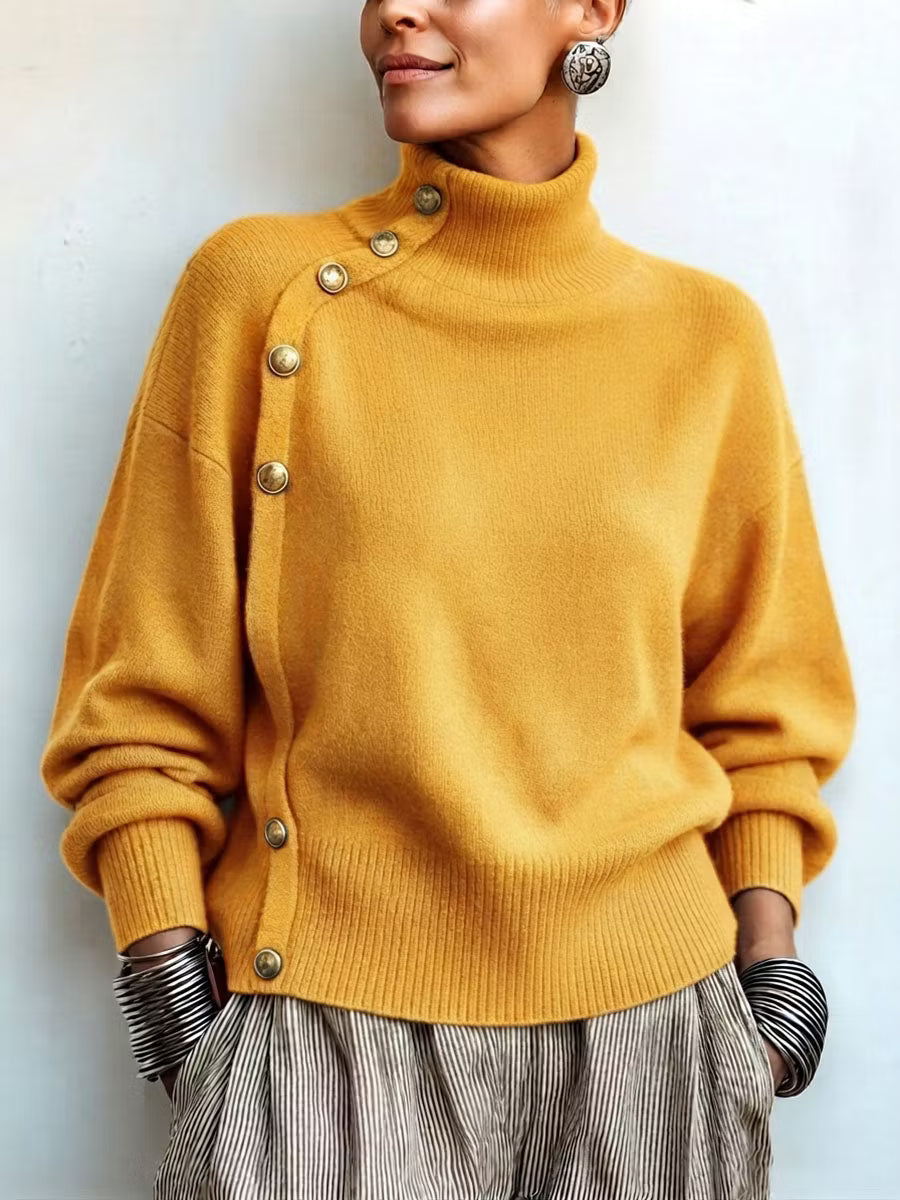Chic Elegant Asymmetrical Button Turtleneck Sweater