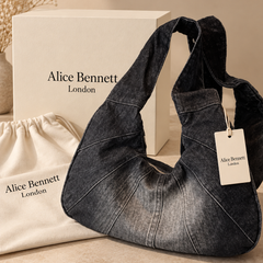 Zara denim shoulder bag with Alice Bennett London branded packaging