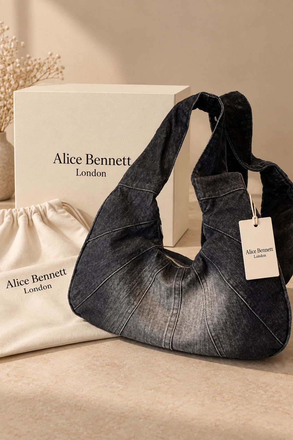 Zara denim shoulder bag with Alice Bennett London branded packaging