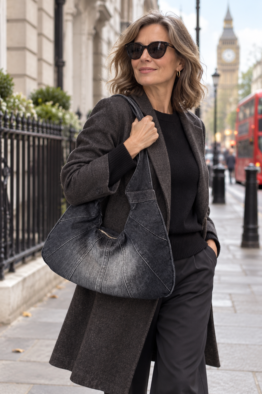 Zara crescent denim shoulder bag carried by a woman in London