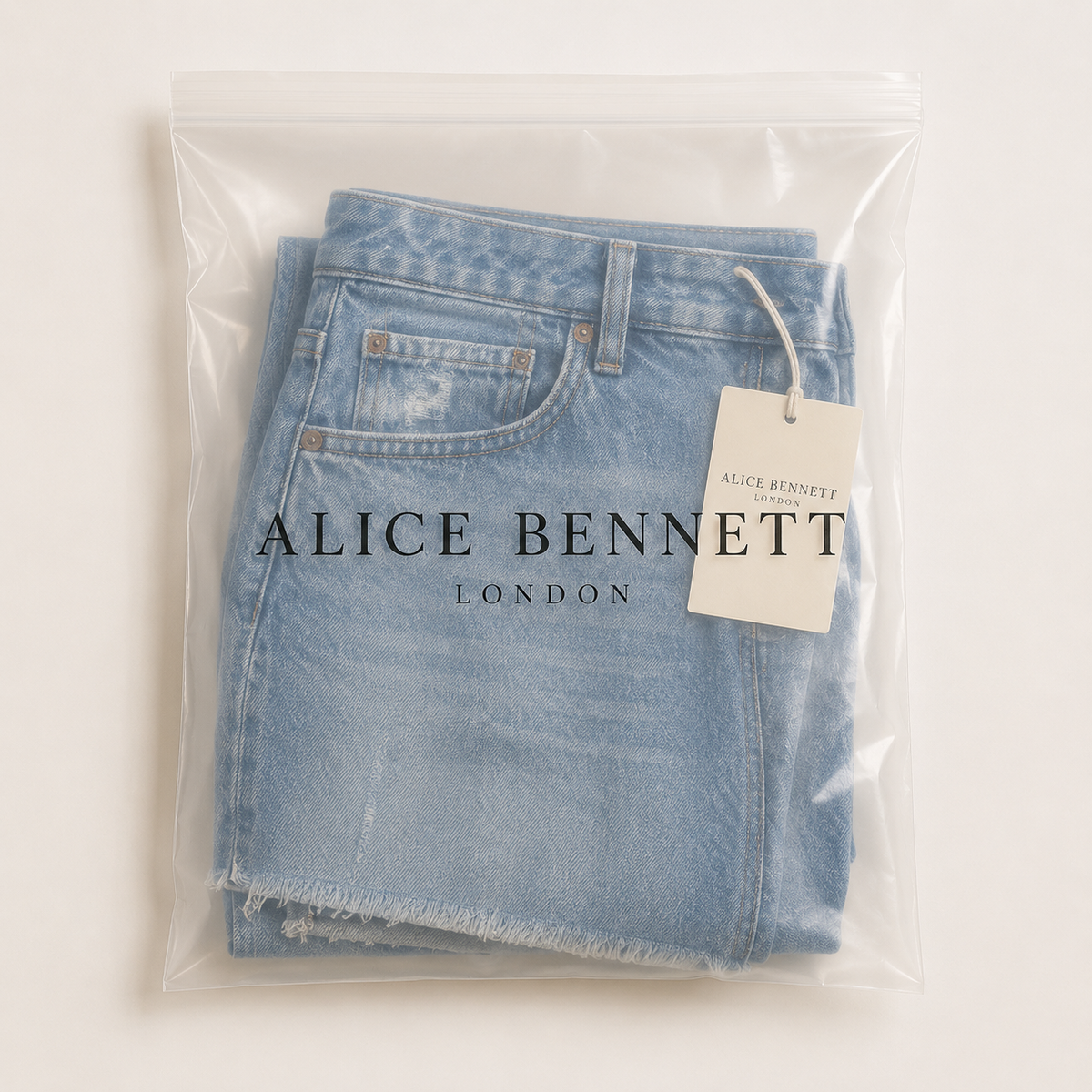 Zelda cropped jeans in an Alice Bennett London branded polyzip bag