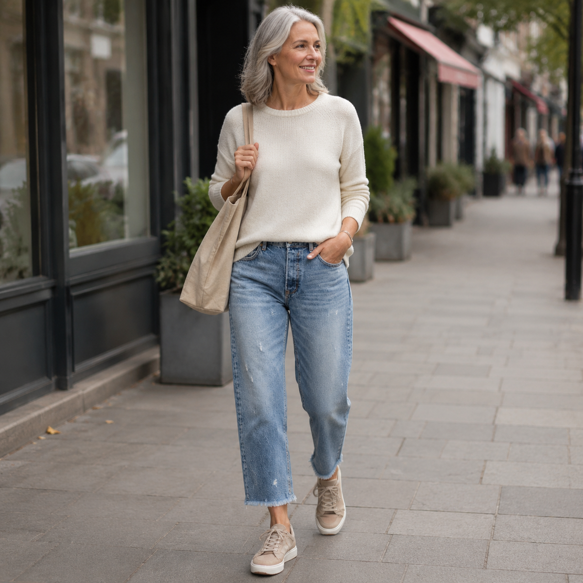 Woman wearing Zelda premium stretch cropped jeans on a London street